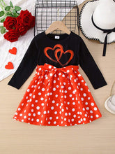 1pc Girls Casual Heart Print Patchwork Bow Tie Red Dot Dress For Autumn